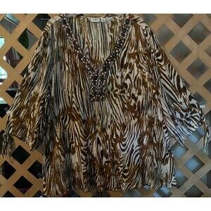 CATO Woman Animal Print Beaded Jeweled Boho Crinkle Gauze Tunic (1X) 22/24W